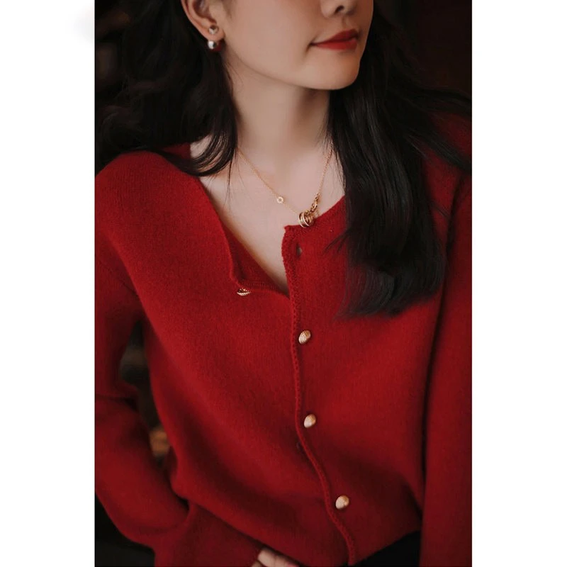 【现货闪发】圣诞红色毛衣外套女2023秋冬季新款气质显白长袖开衫