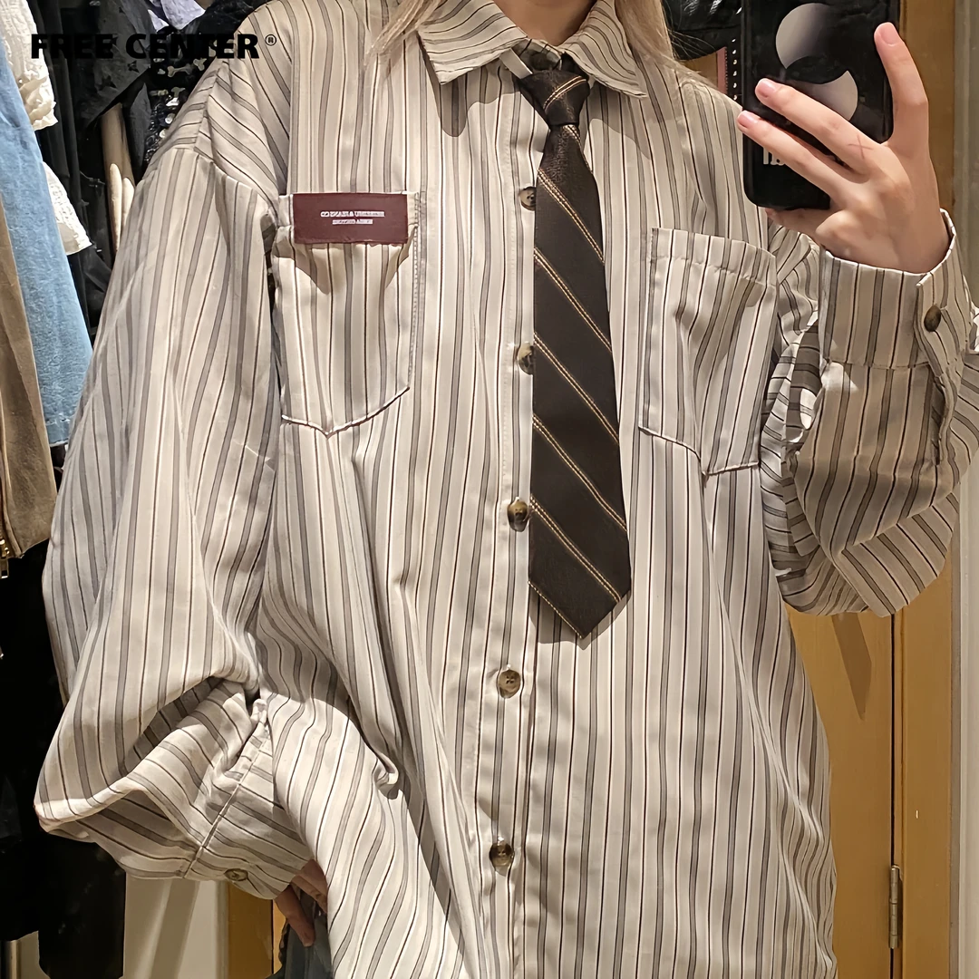 FREECENTER复古慵懒风条纹衬衫男女秋冬新款ins休闲港风宽松衬衣