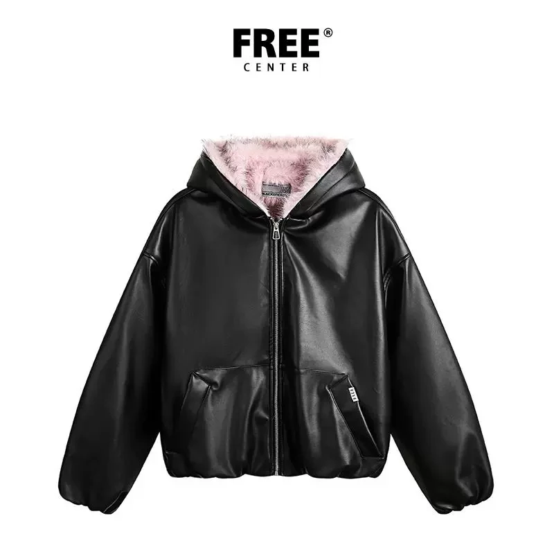 Free Center座山雕棉服男女高级感撞色连帽休闲加绒保暖皮外套冬