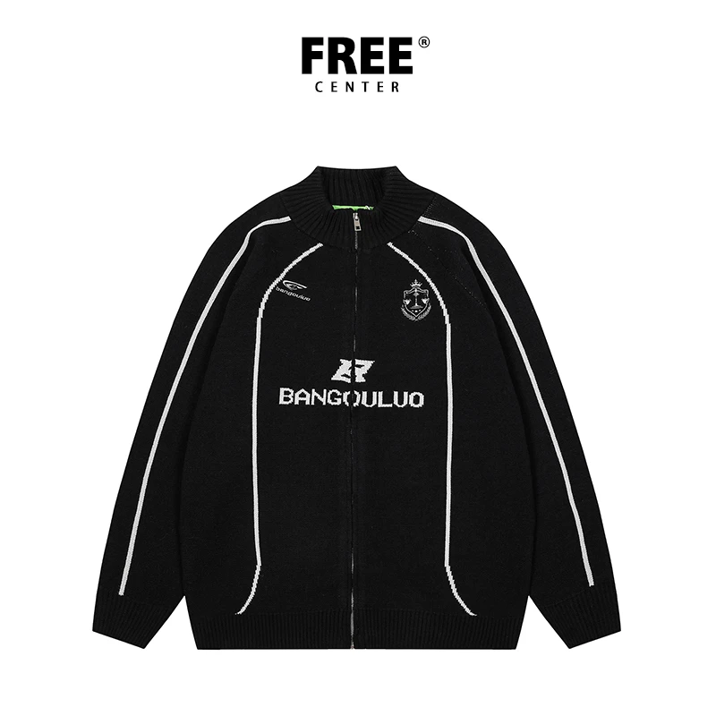 Free Center美式复古运动休闲毛衣男女国潮情侣宽松秋冬开衫外套