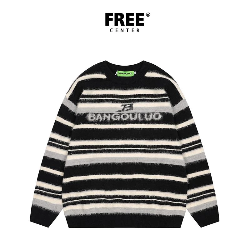 Free Center美式街头复古上衣圆领撞色字母提花刺绣2024冬季慵懒