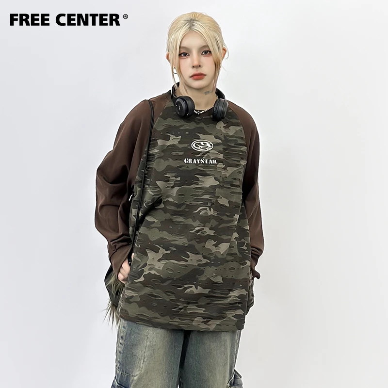 FreeCenter美式迷彩废土风长袖T恤女秋冬设计感磨破宽松情侣上衣