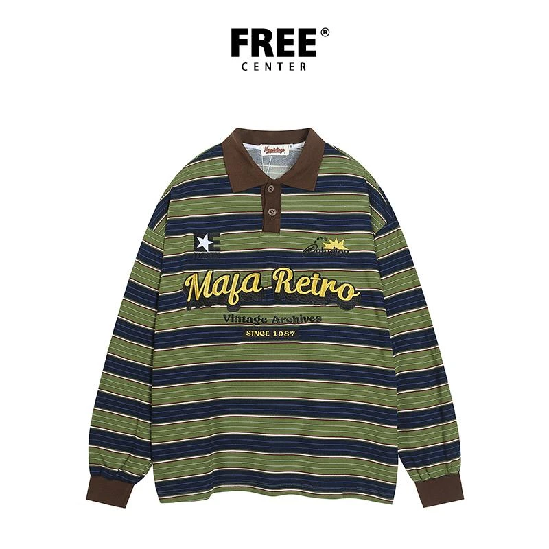 Free Center 美式复古学院风条纹POLO衫女秋冬翻领宽字母长袖上衣
