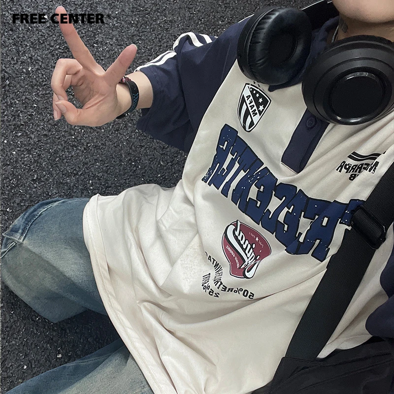 Free Center 美式原创复古字母Polo领短袖男女情侣款百搭潮牌半袖