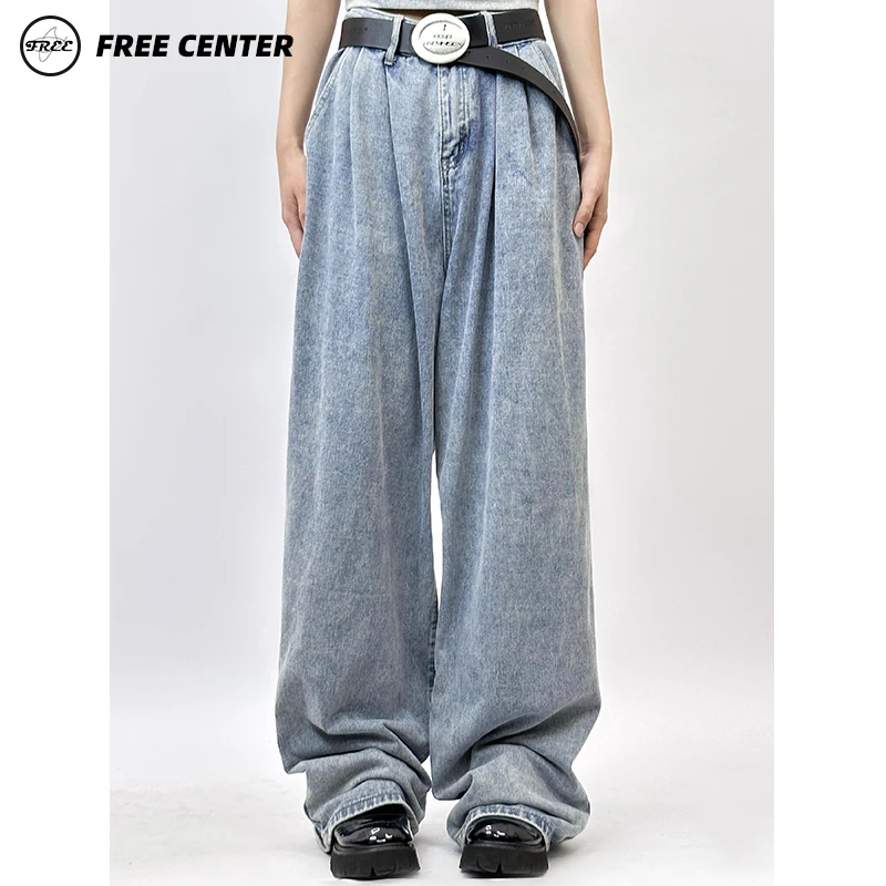 自由中心FreeCenter慵懒oversize宽松阔腿百搭拖地牛仔裤男女同款