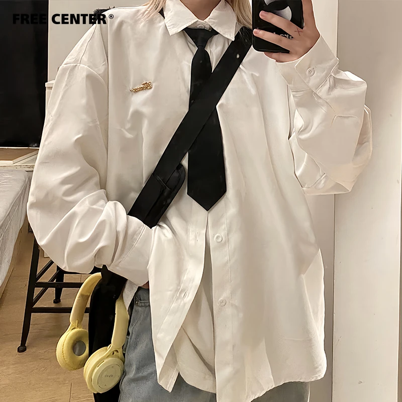 FREECENTER潮牌定制简约内搭纯色衬衫女2023秋冬新款复古百搭衬衣