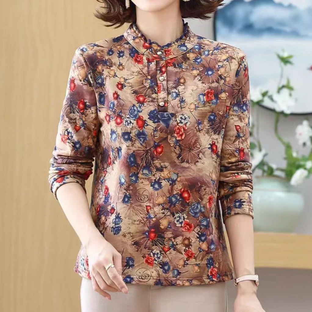 2024新款妈妈装长袖洋气时尚百搭复古半高领印花秋冬春秋显瘦女士