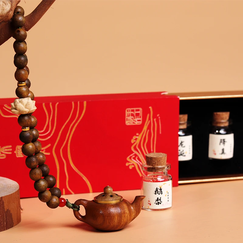 手持把把壶手串莲花配饰香囊香丸手持木质小茶壶手把件蜜丸手链