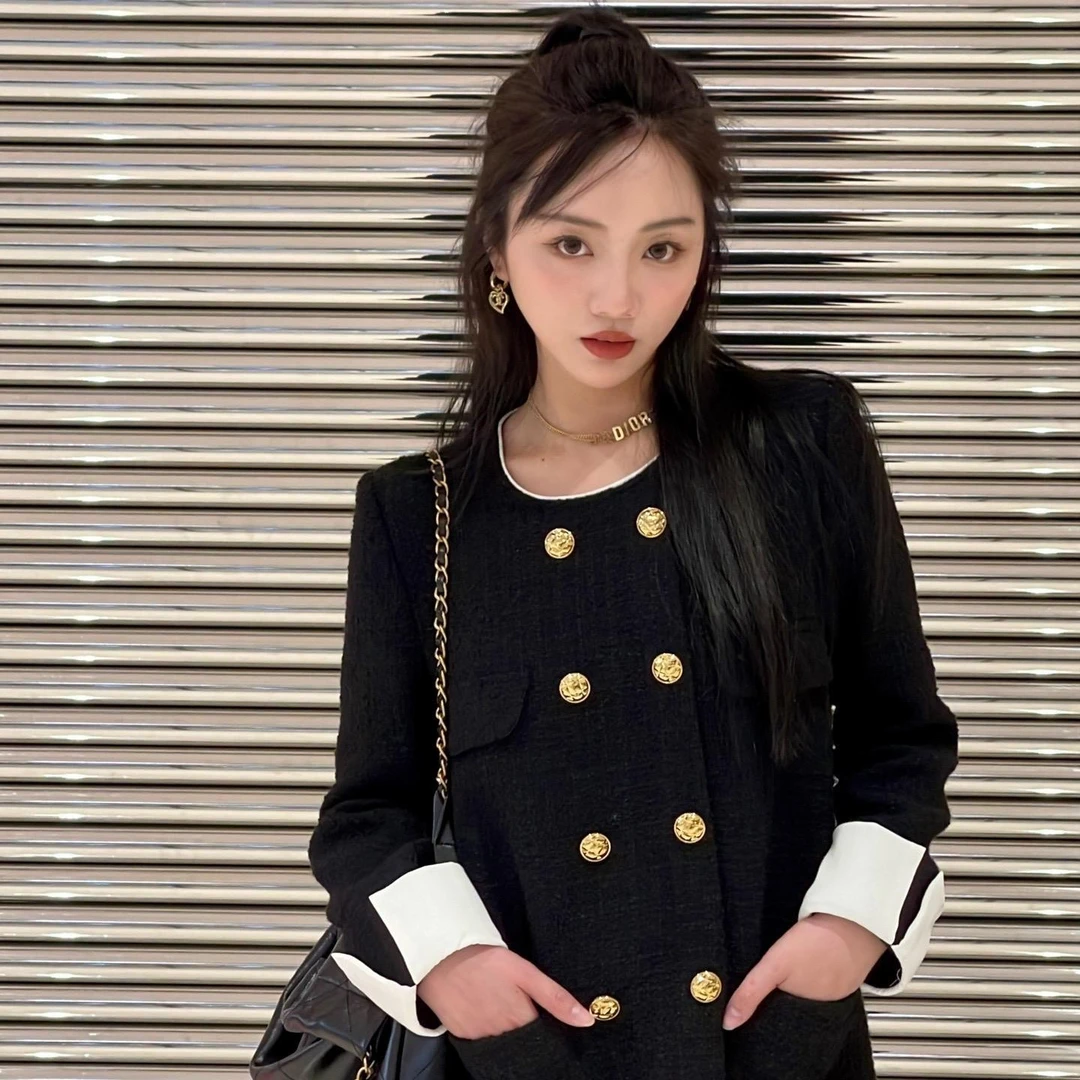 气质女装高档大气双排扣黑色连衣裙小个子轻奢高端春秋洋气裙子