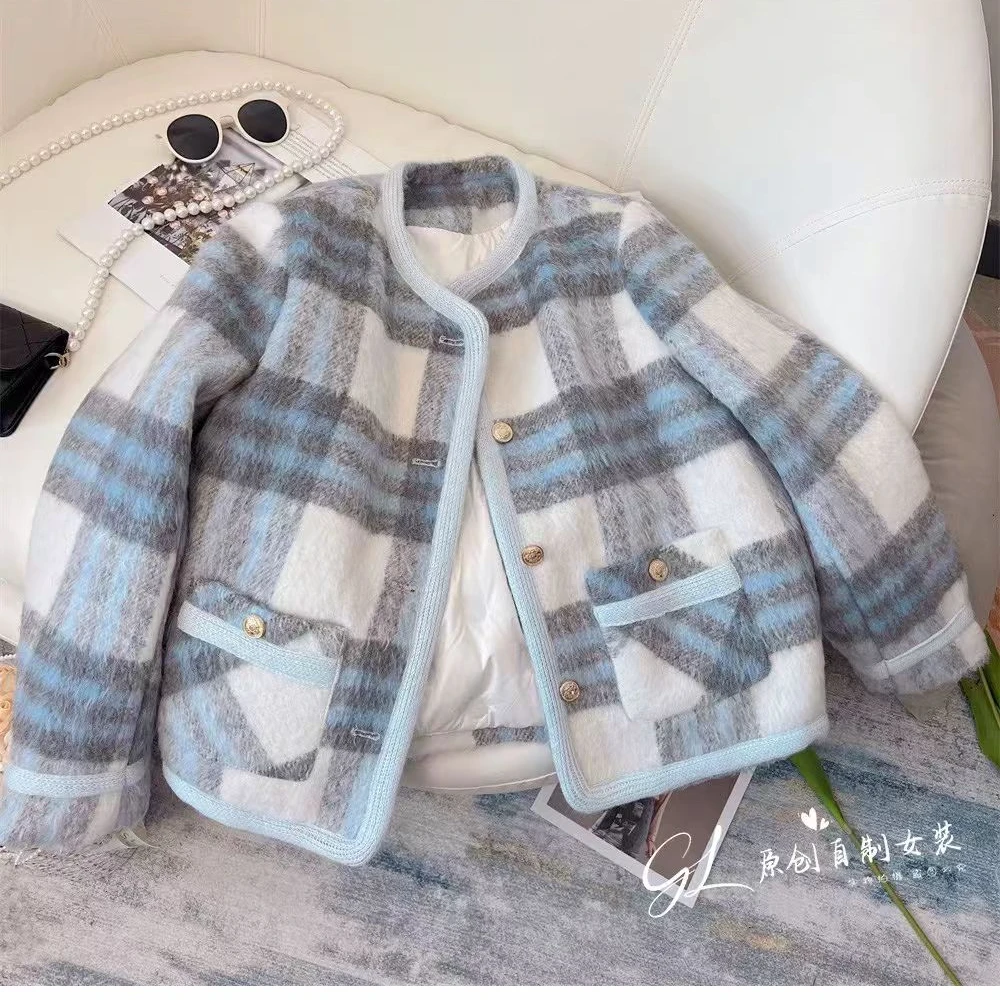 蓝色格子外套洋气小香风女冬季气质奶油风毛呢高级感保暖上衣