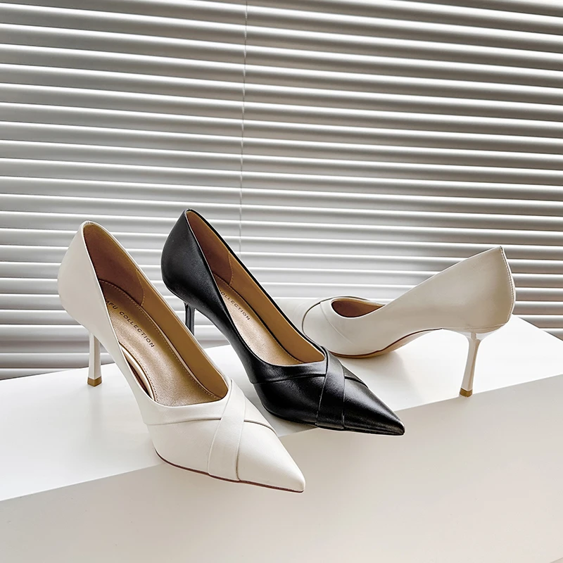黑色高跟鞋女细跟2025年新款尖头气质法式小众设计感真皮职业单鞋