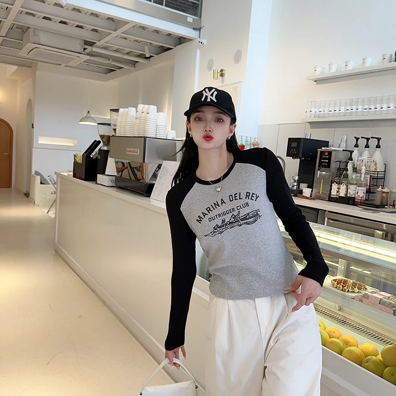 2077春秋爆款打底衫印花显瘦设计感拼接圆领撞色显瘦百搭长袖