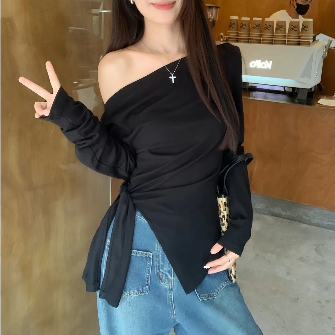 设计感气质绑带斜肩T恤女早秋新款不规则收腰显瘦开叉长袖上衣潮