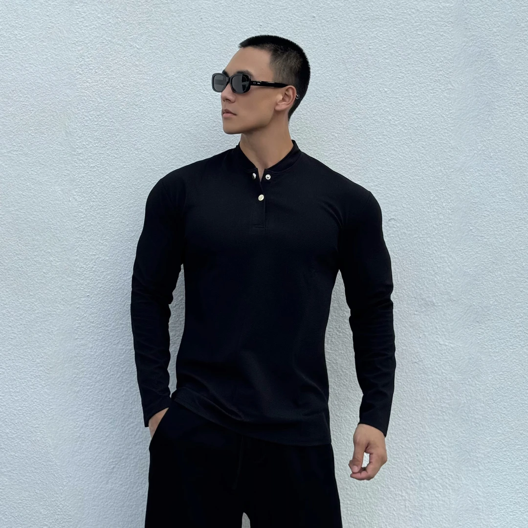 秋季男士百搭新中式亨利领POLO衫长袖免烫抗皱透气显型休闲T恤潮