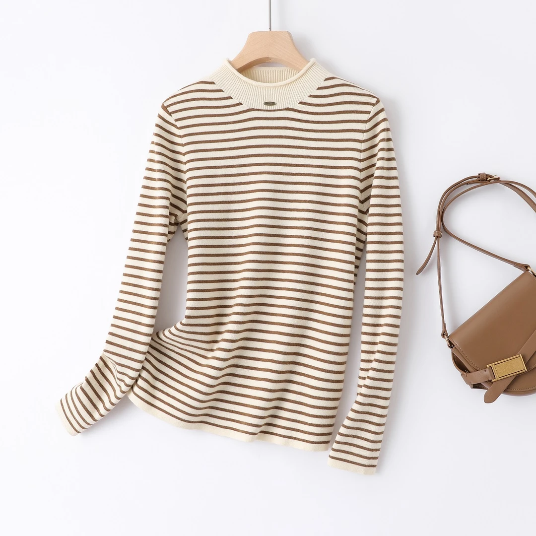 IHIMI/海谧2025年春季新款女装时尚百搭半高领条纹毛衣针织衫上衣