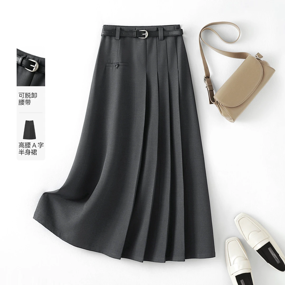 IHIMI/海谧2025春新款女装垂感高腰A字版型不对称压褶设计半身裙
