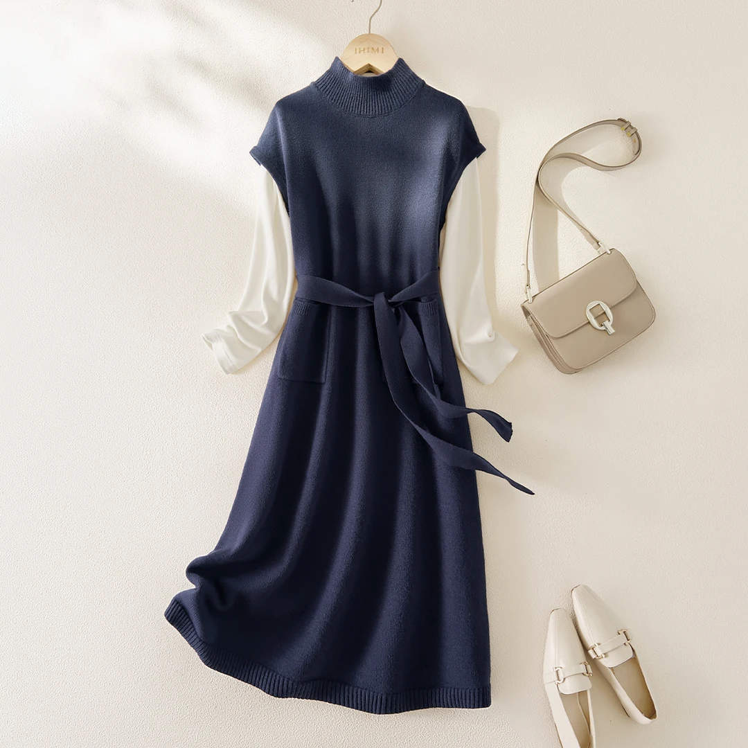 IHIMI/海谧2024冬季女毛织连衣裙高领飞袖抗起球腰带款气质连衣裙