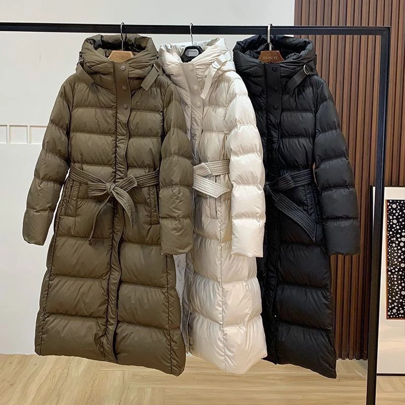 2024冬季腰带新款连帽收腰羽绒服长款保暖过膝加厚鸭绒修身外套