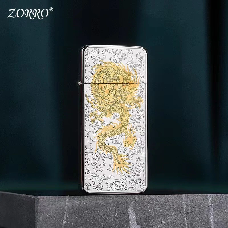 ZORRO佐罗正品 ZC5亮银双色超薄牡丹唐草龙中国风男士煤油防风