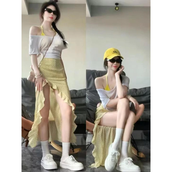 韩系碎花半身长裙女+白色上衣夏季新款韩系复古a字开叉裙两件套