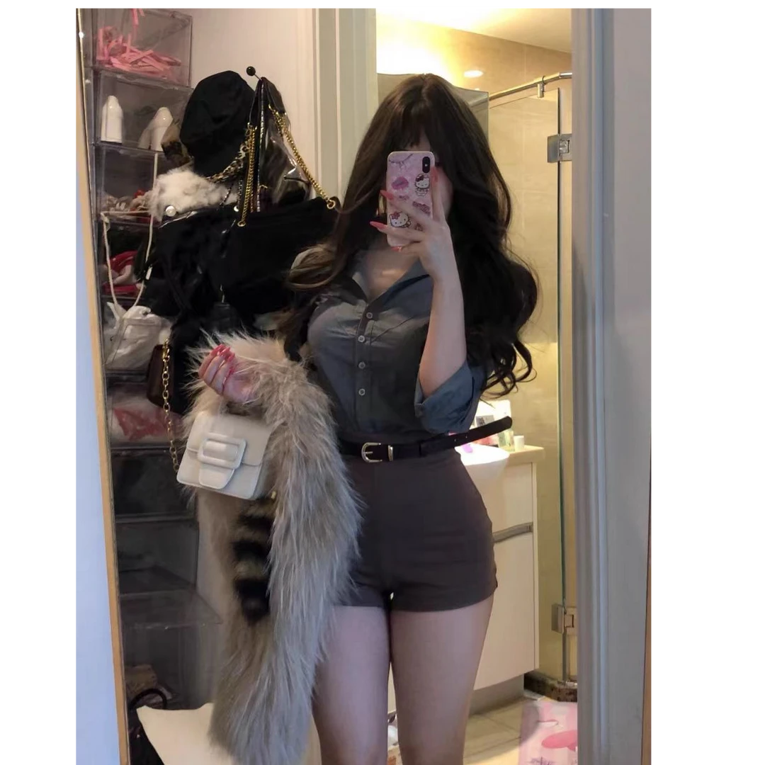 纯欲性感高智感姐姐韩女气质衬衫~收腰修身高腰短裤套装2024新款