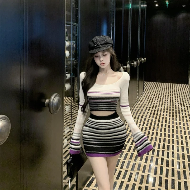 纯欲风条纹长袖短款针织上衣套装女秋冬高腰紧身包臀短裙子两件套