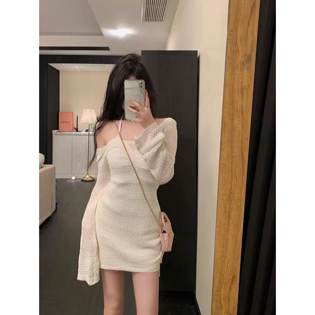 高级感御姐白色针织吊带连衣裙两件套女夏季显瘦甜辣短裙女套装