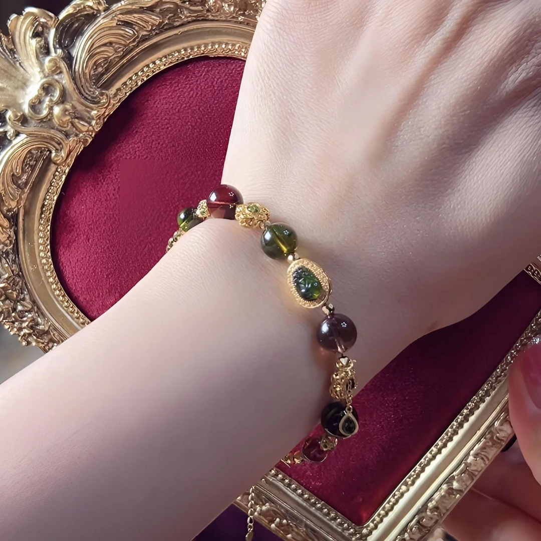 （福玺阁原创）彩色气质老矿碧玺18K貔貅手串单圈手作轻奢