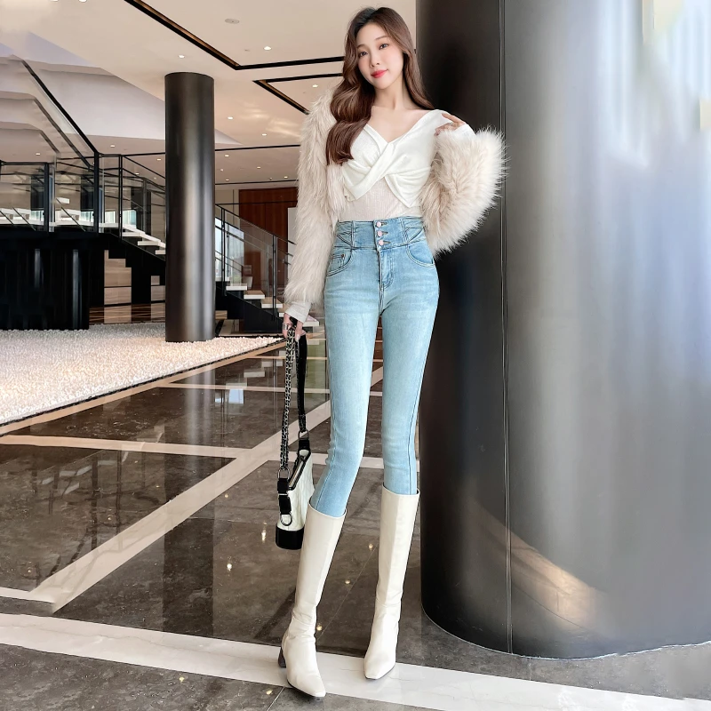 X-mier蓝色加绒小脚女款牛仔裤女新款高腰收腹显高显瘦铅笔裤