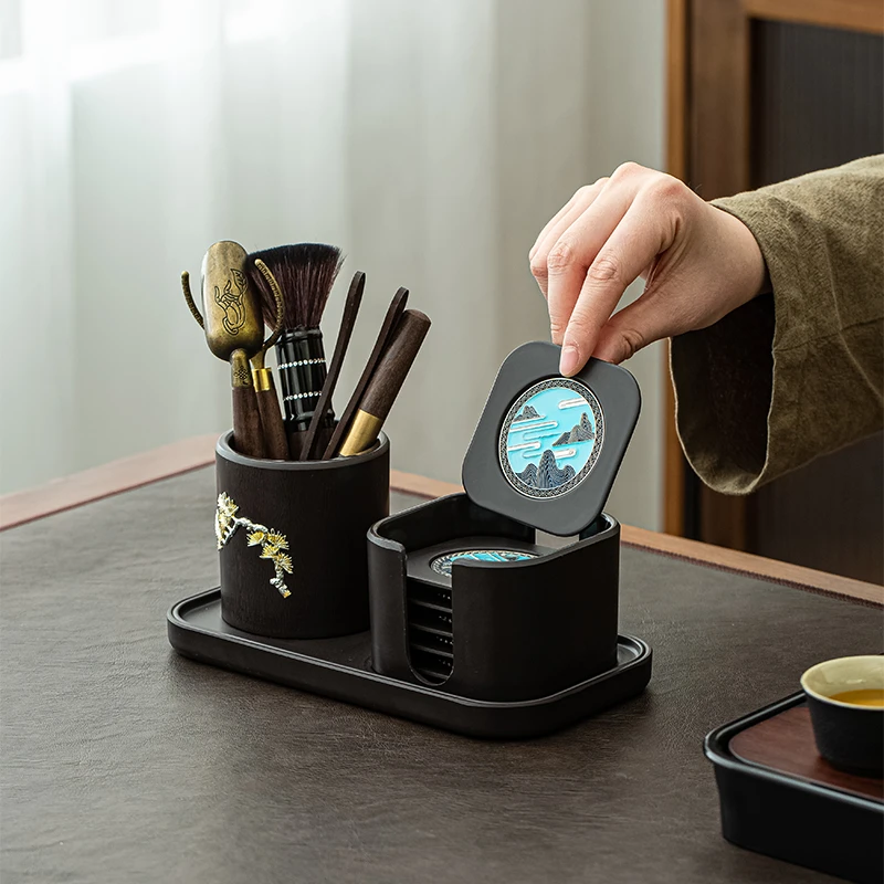 轻奢高档茶道六君子杯垫套装黑檀木茶具配件茶夹茶勺泡茶工具茶台