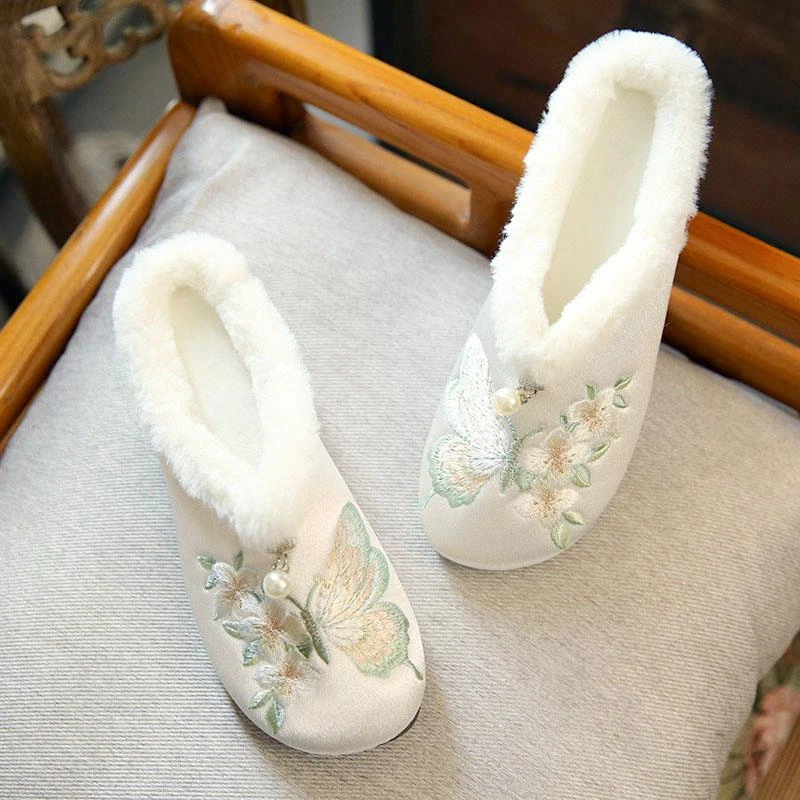 绣花拖鞋女平底居家民族风老北京布鞋冬季加绒棉拖鞋古风汉服鞋女