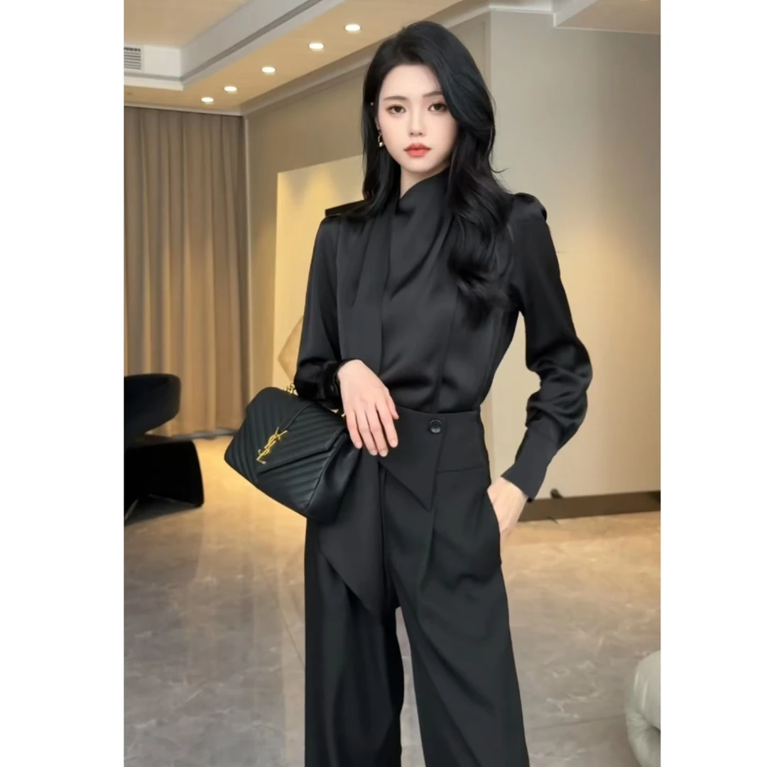 时尚气质长袖休闲百搭纯色衬衫+ 高腰时尚显瘦宽松休闲裤套装