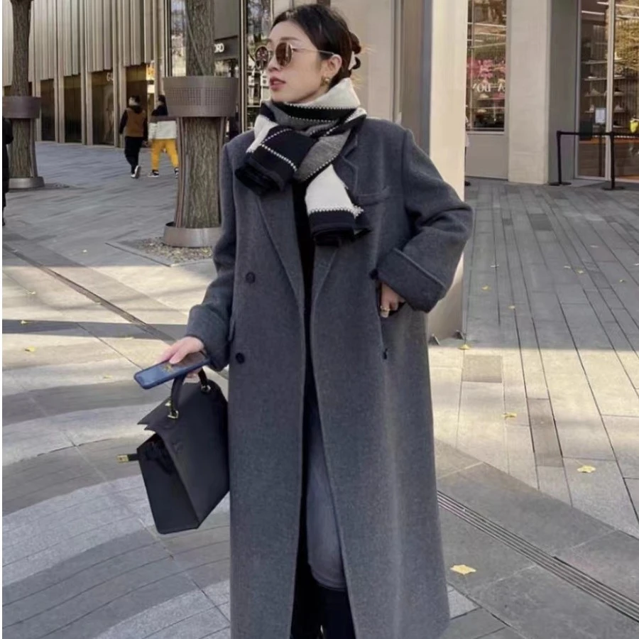 时尚百搭韩版显瘦双面羊毛大衣宽松过膝正肩长款外套女2024秋冬