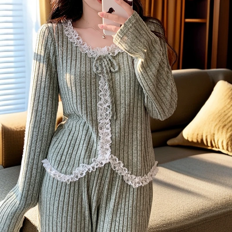 睡衣女款爆款2024新款长袖带胸垫秋冬季可外出家居服出门款套装