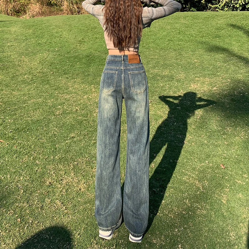 水泥灰直筒牛仔裤女2025春季新款小个子高腰显瘦宽松窄版阔腿裤子