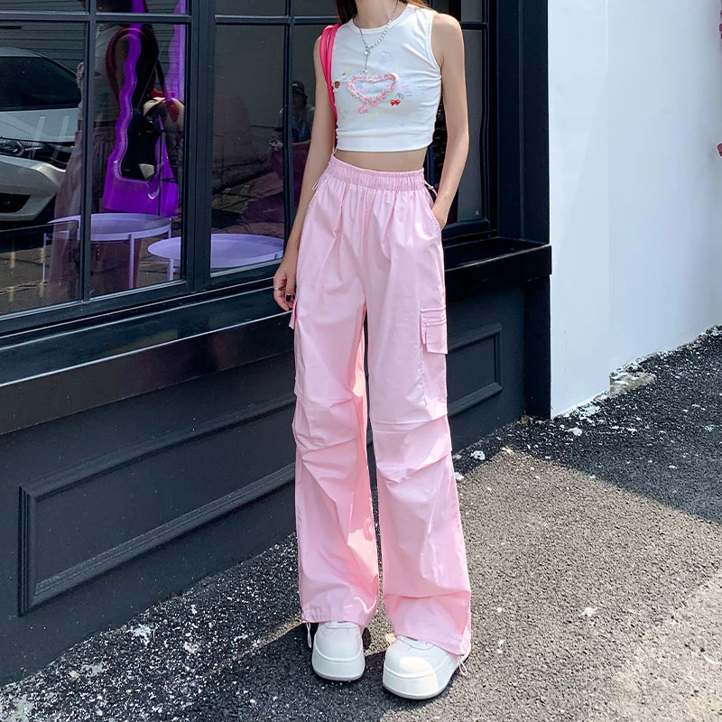 浅粉色工装裤女夏季2025新款小个子松紧高腰束脚阔腿运动休闲裤子