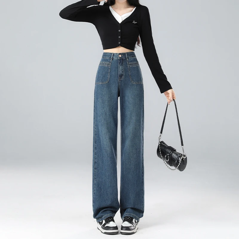 复古窄版直筒牛仔裤女秋季2025年新款高腰显瘦宽松垂感阔腿拖地裤