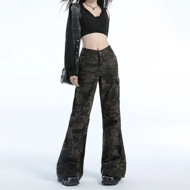高腰迷彩工装裤女秋季2025新款美式辣妹宽松显瘦喇叭休闲裤子百搭