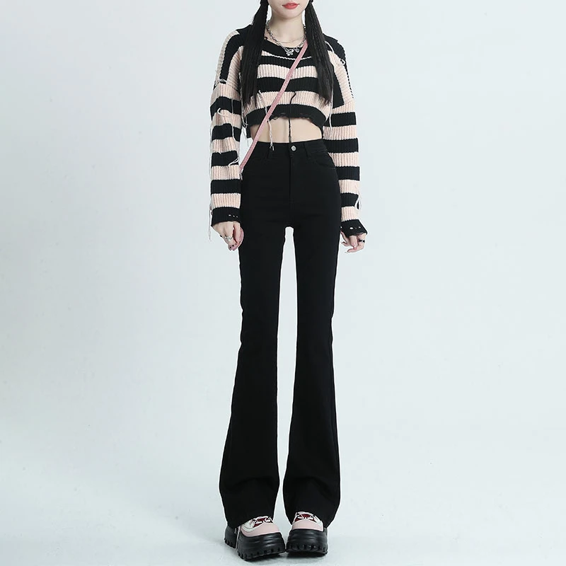 黑色高腰微喇牛仔裤女2025冬季新款修身显瘦弹力春秋加绒喇叭裤子