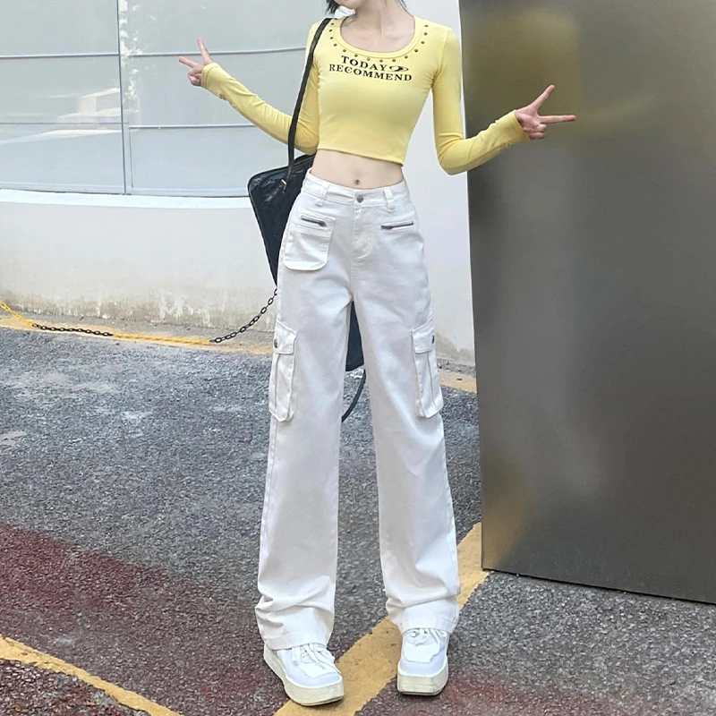 白色阔腿工装裤女2025夏季新款设计感小众高腰显瘦垂感直筒牛仔裤