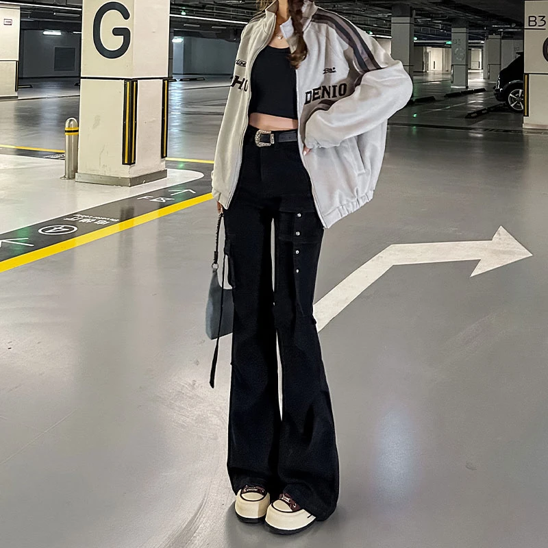 高腰工装微喇牛仔裤女秋季新款黑灰色修身显瘦不贴腿喇叭裤子百搭