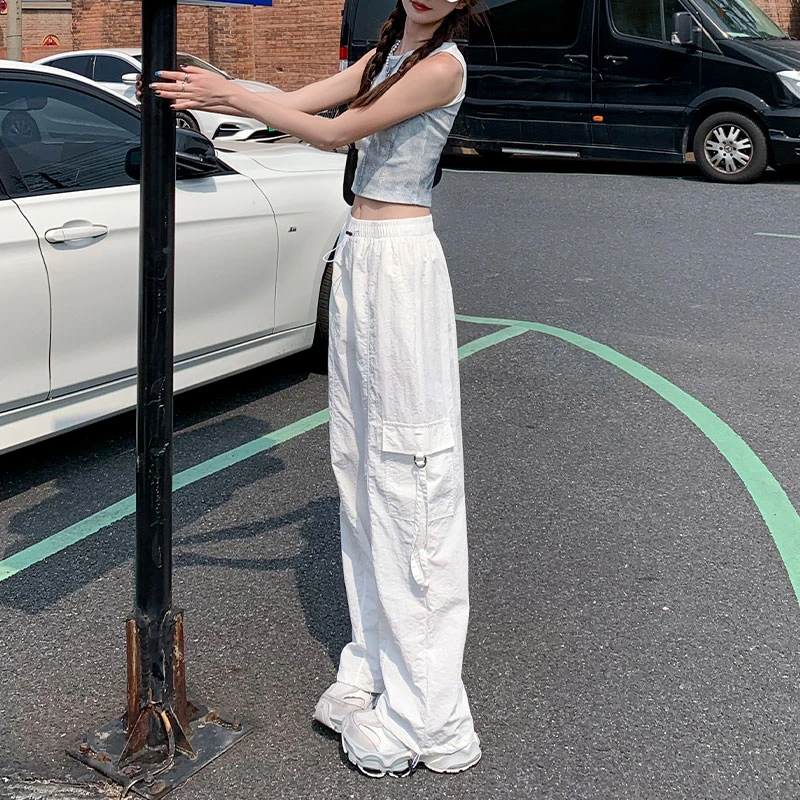 美式直筒工装裤女2025年夏季薄款白色高腰显瘦束脚阔腿休闲裤百搭