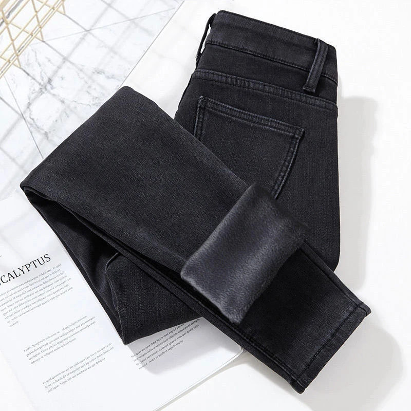 黑色加绒加厚牛仔裤女春秋2025新款韩版高腰显瘦弹力铅笔小脚裤子