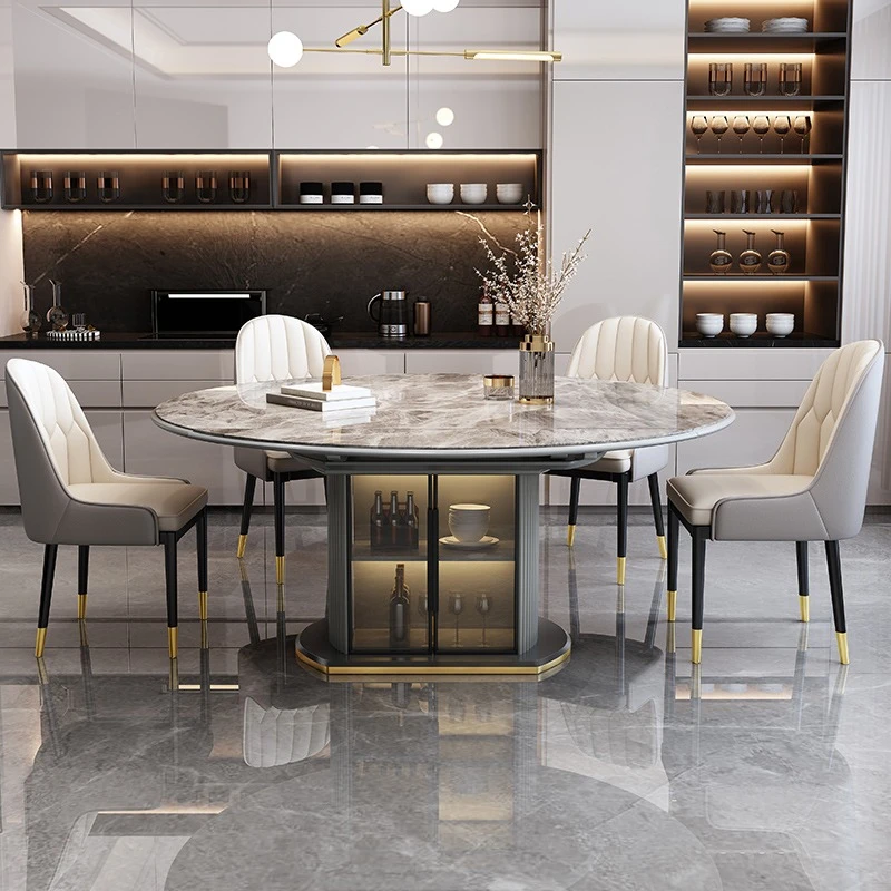 岩板餐桌椅组合现代简约轻奢家用小户型方圆两用可折叠电磁炉饭桌