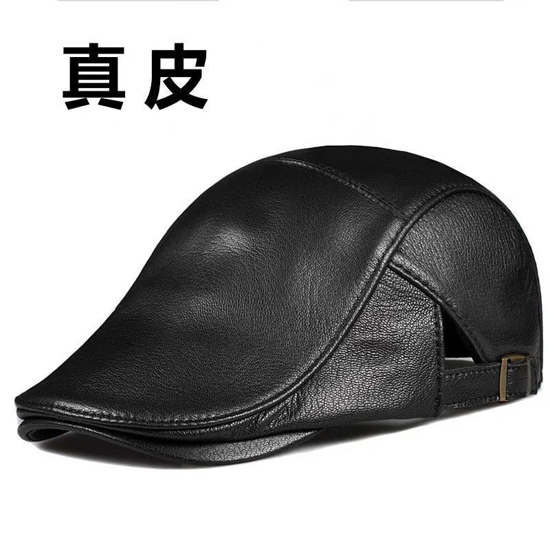 韩版休闲真皮帽子春秋贝雷帽潮保暖帽中老年男士时尚加厚百搭棉帽