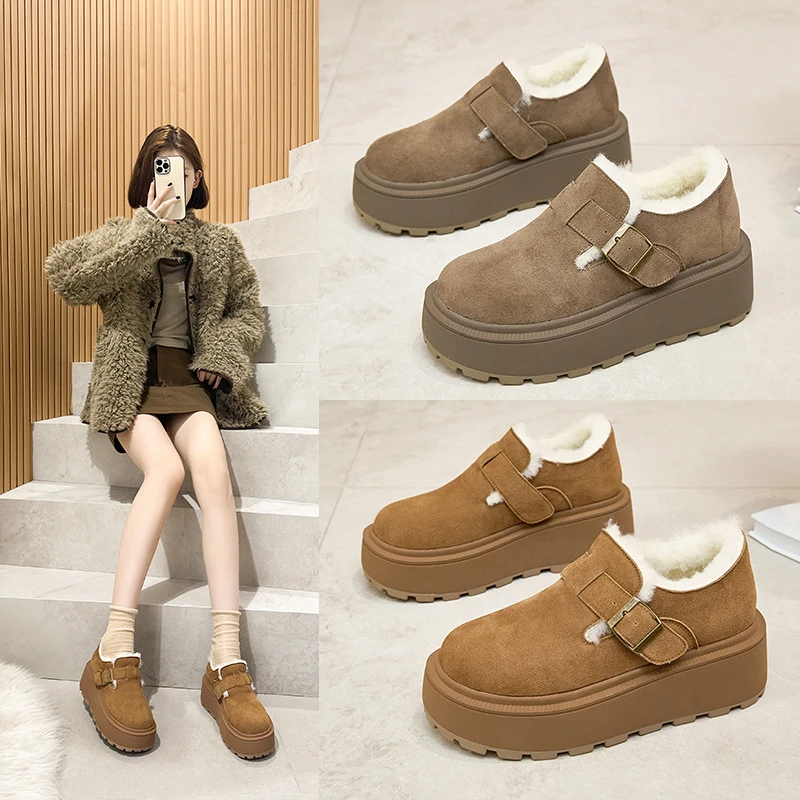 真羊毛厚底勃肯鞋女2024秋冬新款增高博肯鞋加绒保暖外穿毛毛鞋女