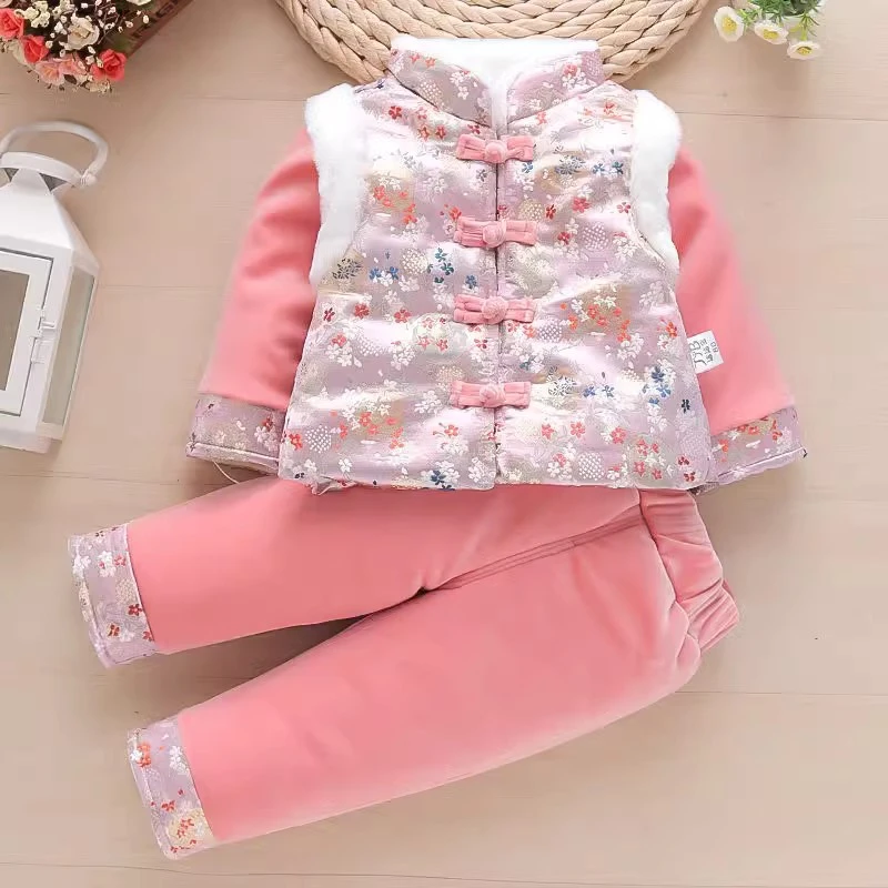 婴儿唐装冬女童百天周岁生日穿衣服喜庆加绒拜年服宝宝加厚新年