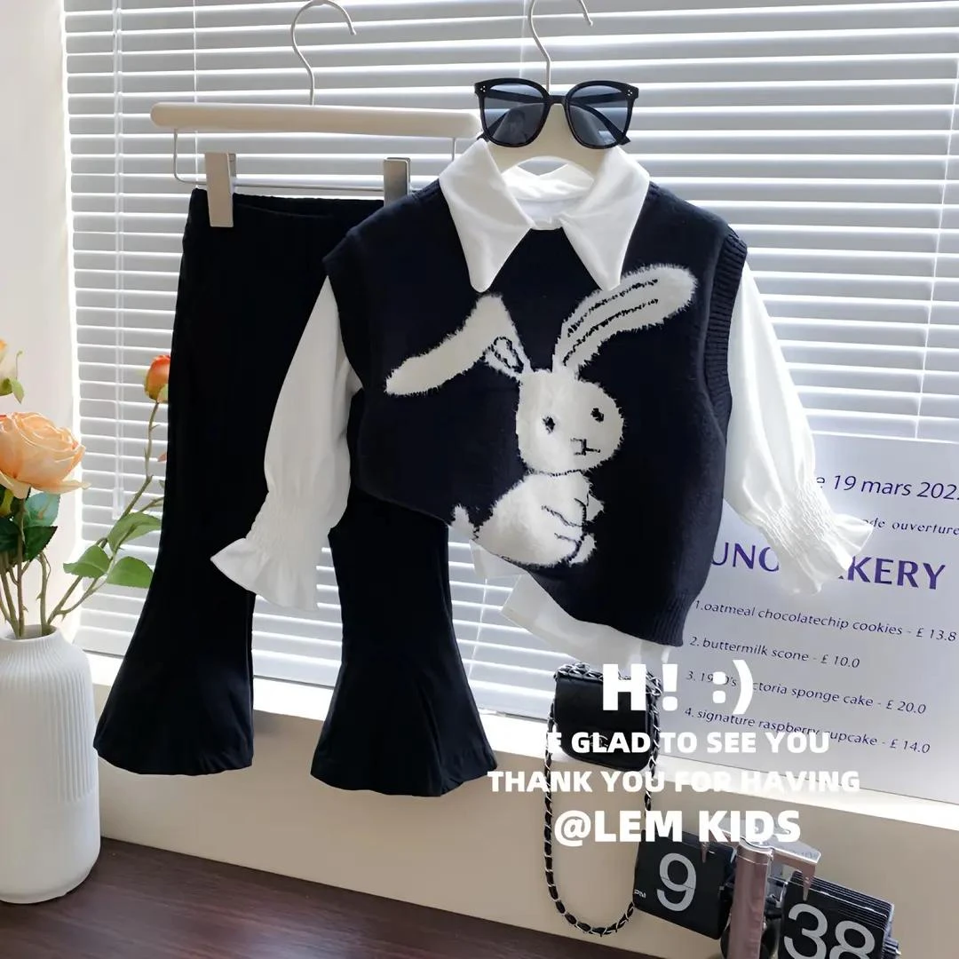 大促女童秋装套装新款洋气儿童春秋毛衣马甲喇叭裤女宝宝