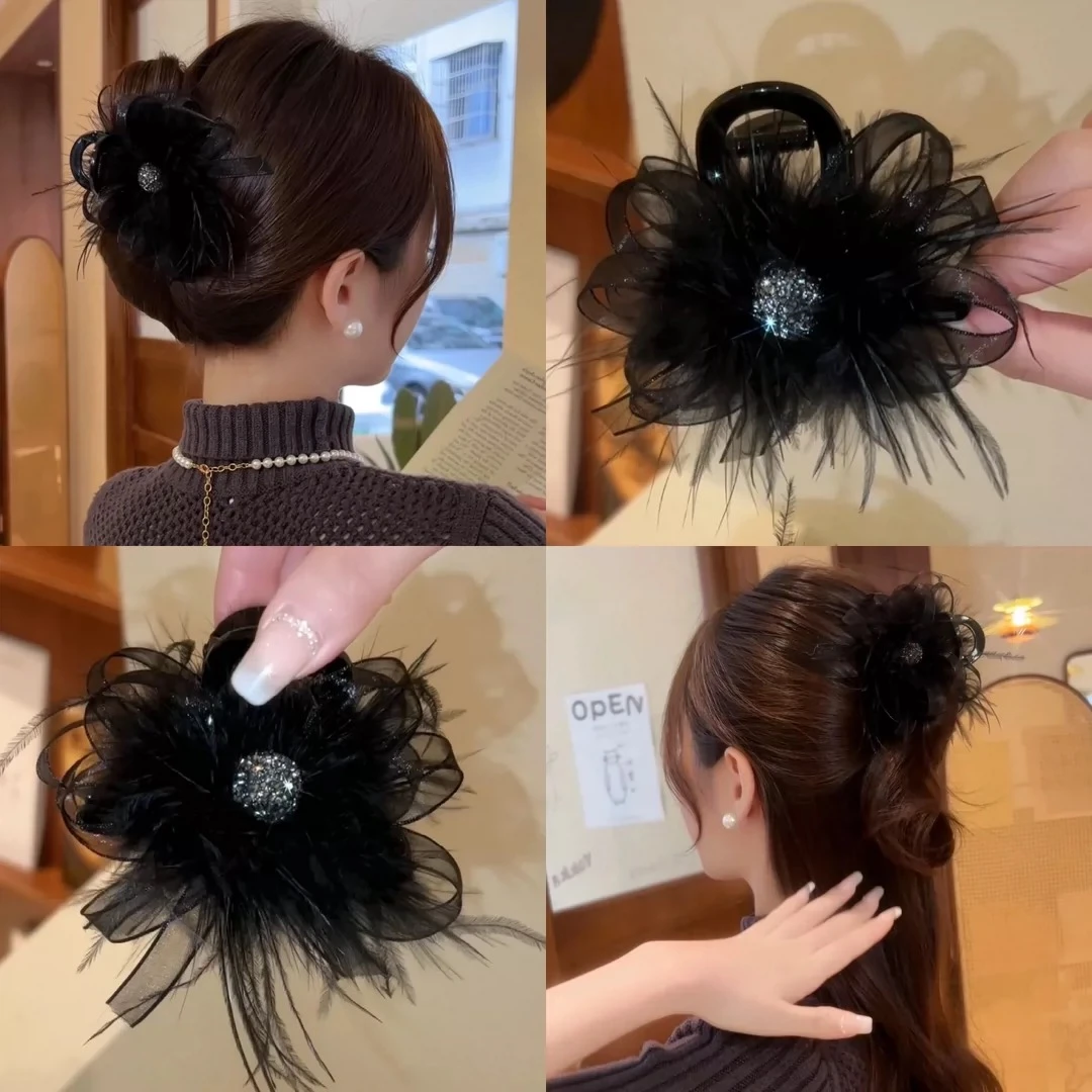 高级感气质轻奢时尚浪漫毛毛抓夹网纱抓夹头花发夹发饰