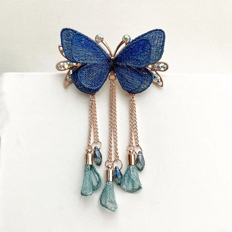 锌合金布艺发饰 春季新款时尚发夹复古绢纱蝴蝶步摇吊坠大抓夹